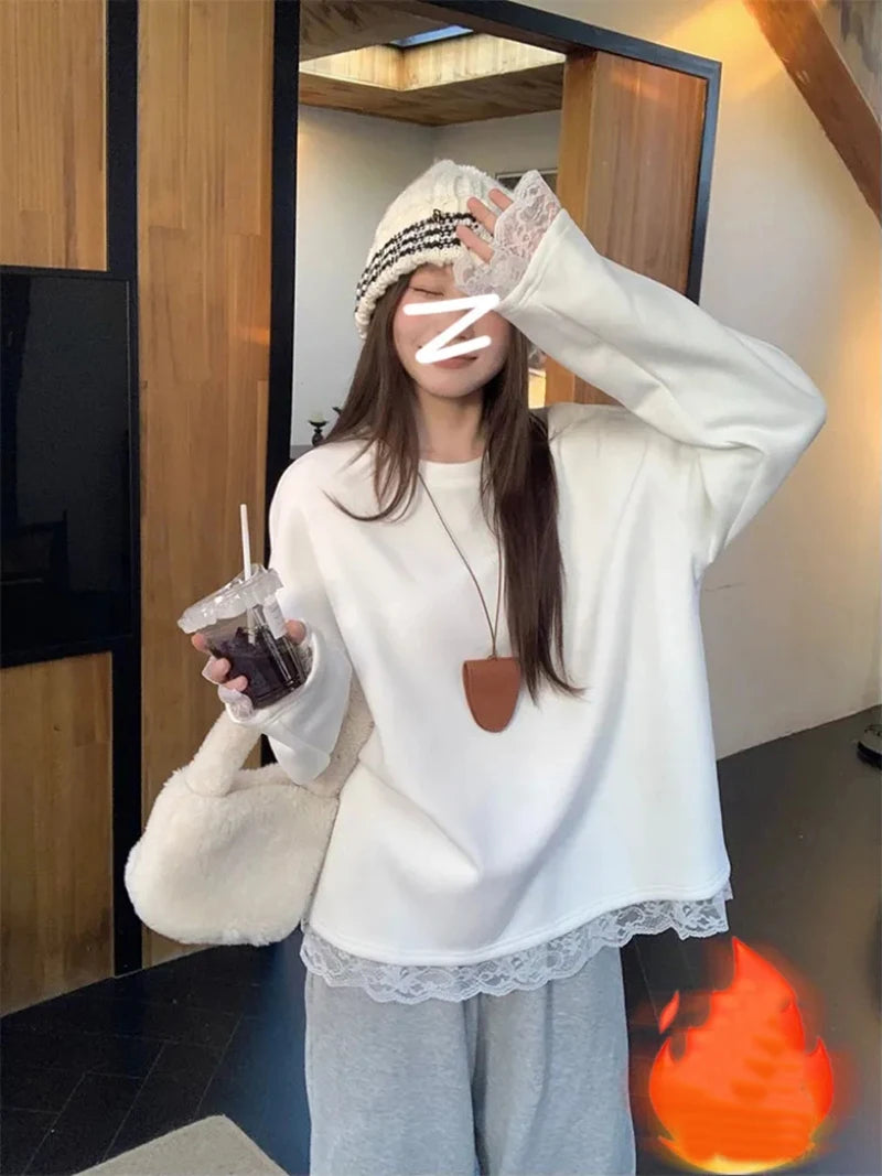 Chic Lace Patchwork Long Sleeve T Shirt Women Loose Warm White O Neck Tops Korean Fashion Office Ladies Casual V Neck Tees New