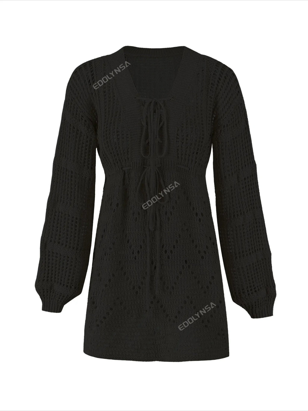 Sexy Deep V-neck Lace-up Bell Sleeve Knit Mesh Hollow Out Beach Mini Dress 2026 Summer Swimsuit Cover Up Women Casual Tunic K14