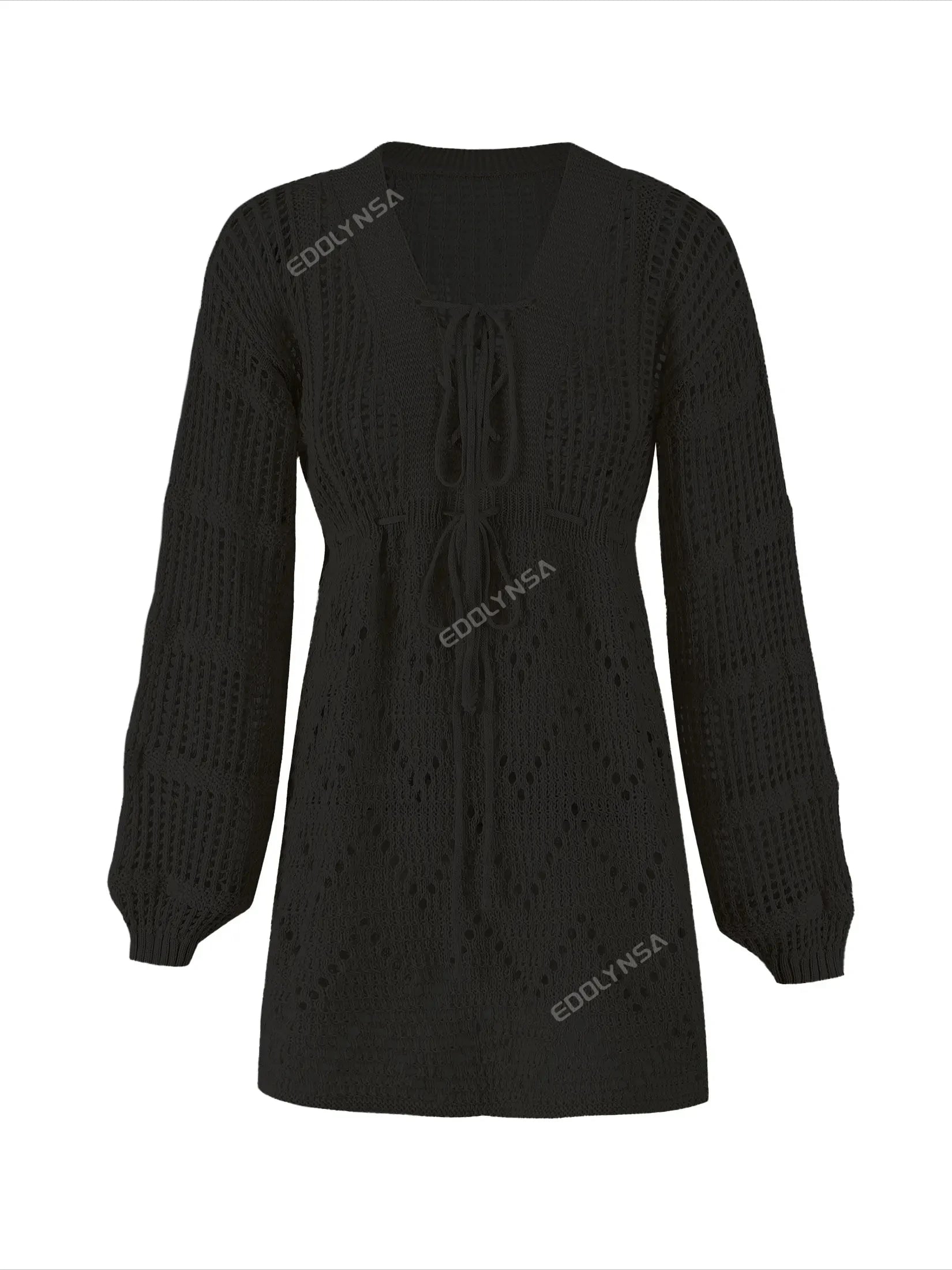 Sexy Deep V-neck Lace-up Bell Sleeve Knit Mesh Hollow Out Beach Mini Dress 2026 Summer Swimsuit Cover Up Women Casual Tunic K14