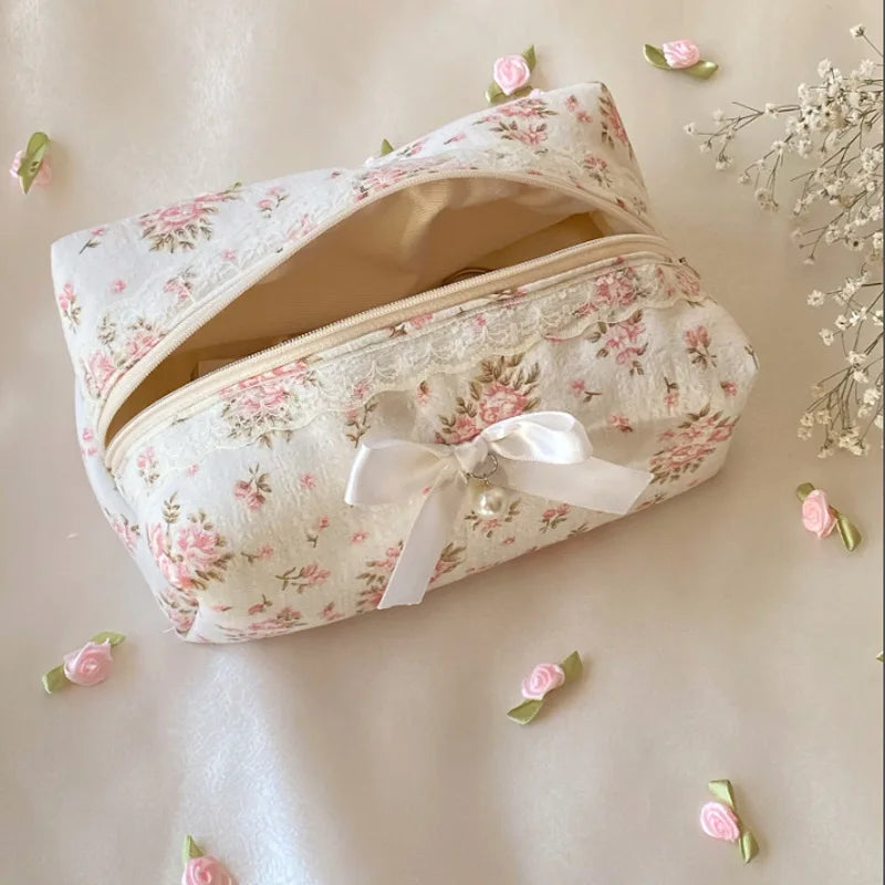 Women Lace Bow Cosmetic Bag Large Capacity Makeup Organizer Travel Toiletry Bag Storage Bag Zipper Ruffles Pencil Case