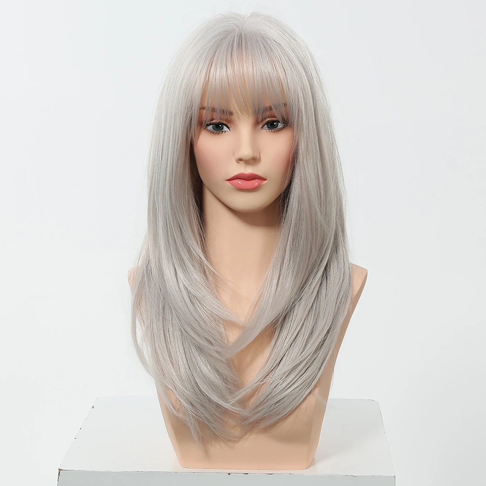 EASIHAIR Long Straight Gray White Synthetic Layered Wig with Bangs for Women Girls Natural Hair Cosplay Party Wig Heat Resistant