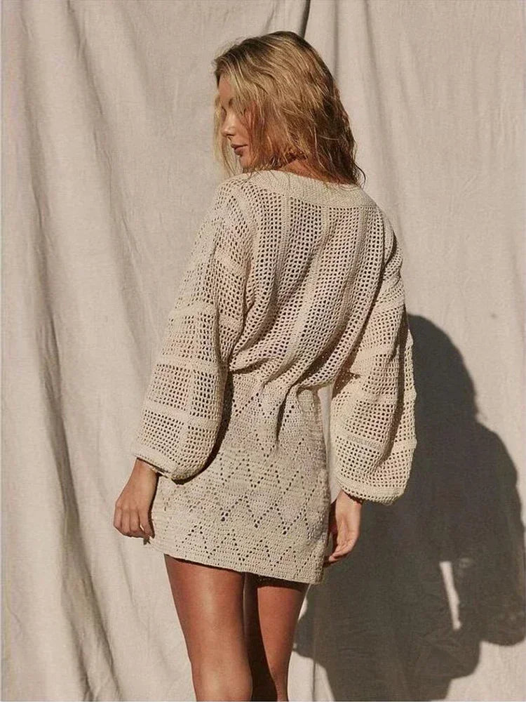 Sexy Deep V-neck Lace-up Bell Sleeve Knit Mesh Hollow Out Beach Mini Dress 2026 Summer Swimsuit Cover Up Women Casual Tunic K14