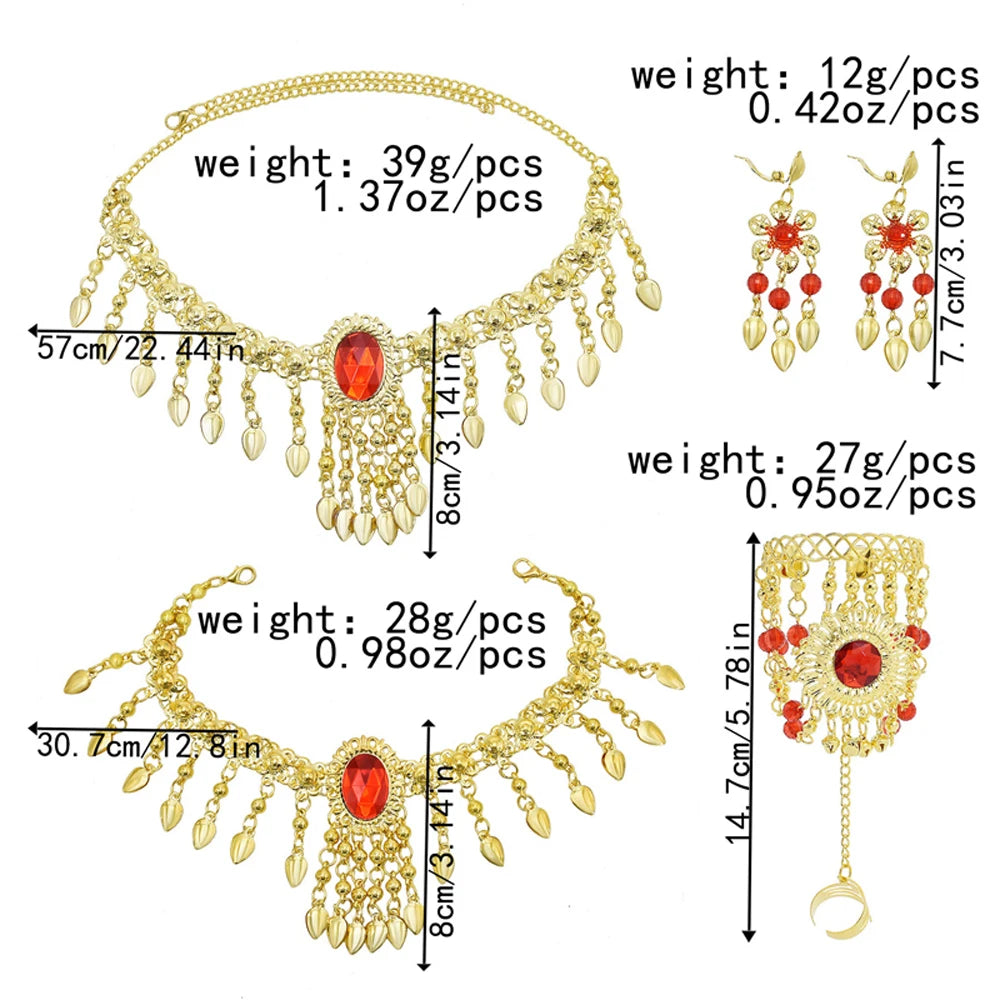 Indian Belly Dance Jewelry Set – Crystal Bell Tassel Necklace, Earrings, Bracelet & Hair Accessories
