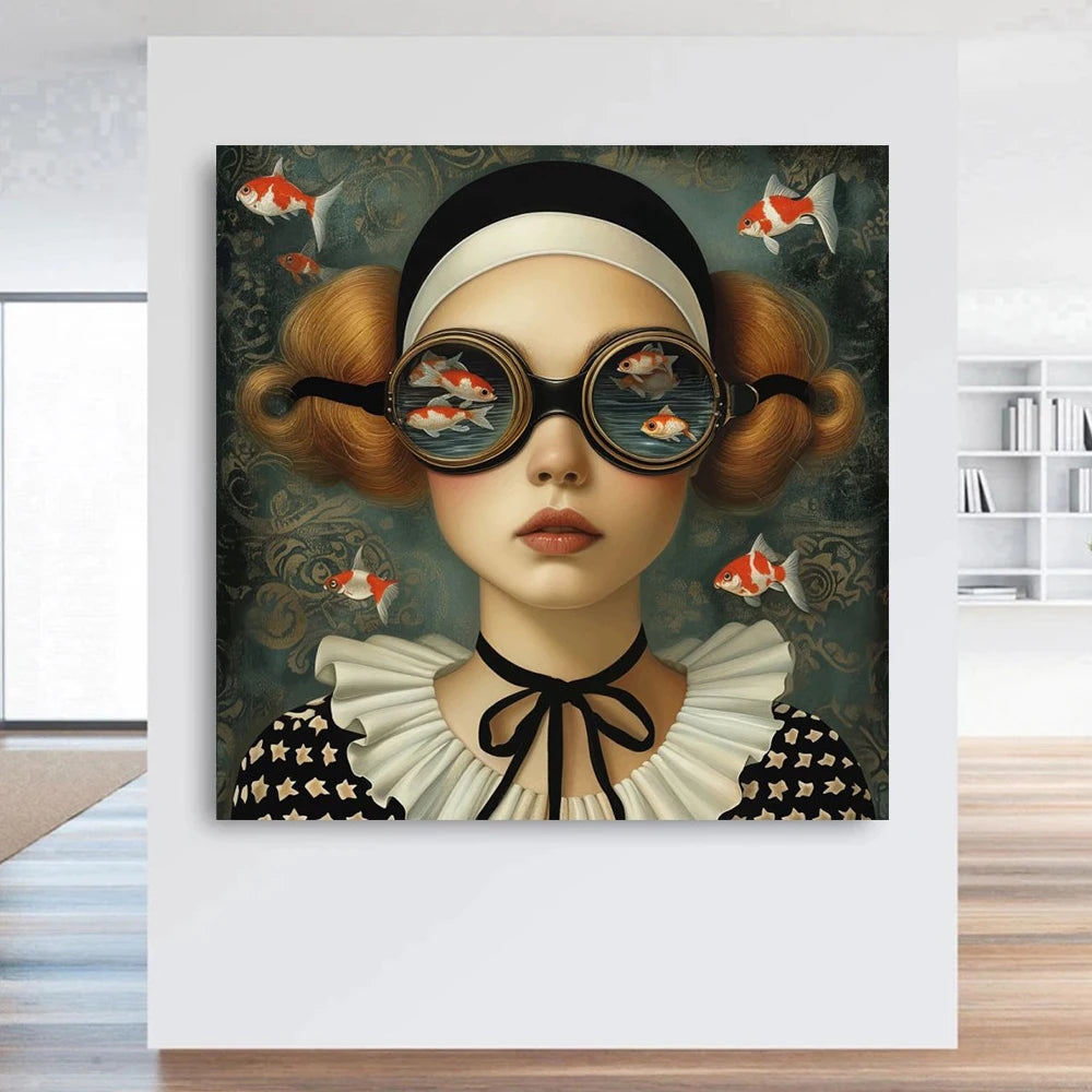 Surrealism Fish Woman Portrait Poster Prints For Living Room Home Decor Abstract Underwater Magic Girl Canvas Painting Wall Art