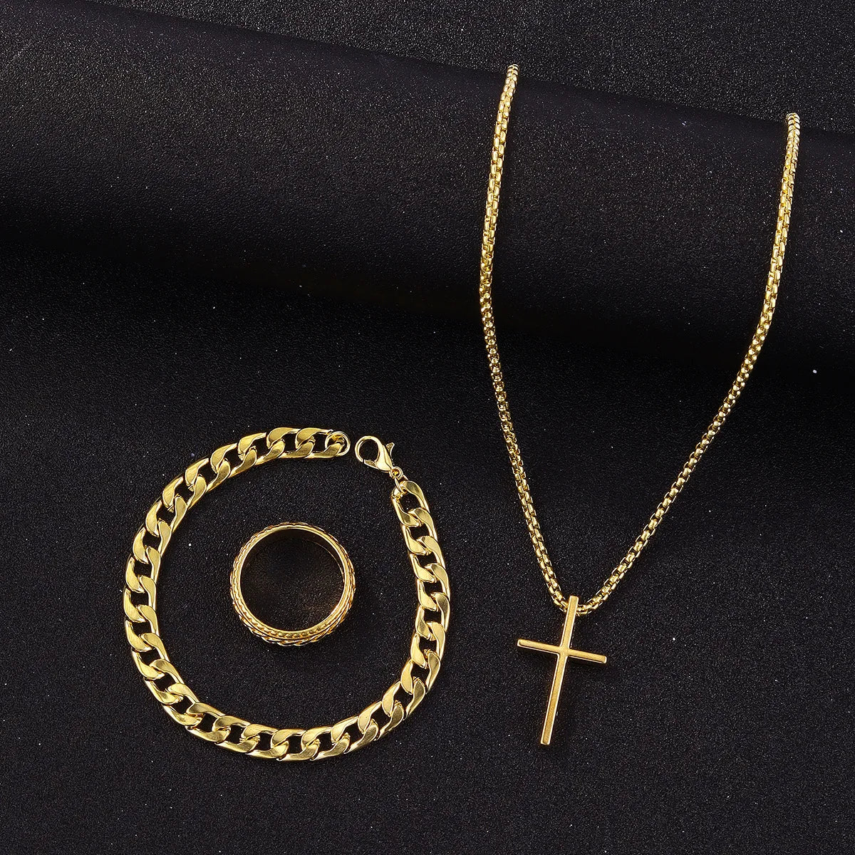 Hip Hop Fashion Cross Pendant Necklace Bracelet Chain Ring Men's Set Simple Personality Party Three Piece Jewelry Accessories