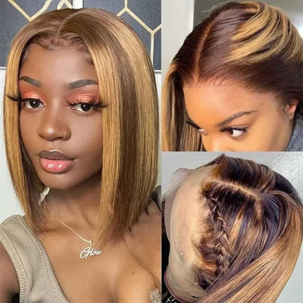 13x4 HD Short Ombre Blonde Wig Straight Bob Lace Front Wig Pre Plucked Synthetic Short Lace Frontal Wig Glueless Daily Cosplay