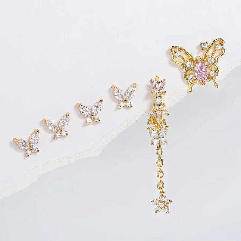 WOMEN 925 Silver Needle Water Drop Geometric Zircon White Zircon Crystal Flowers Pendant Hoop Earrings Fashion Wedding Jewelry