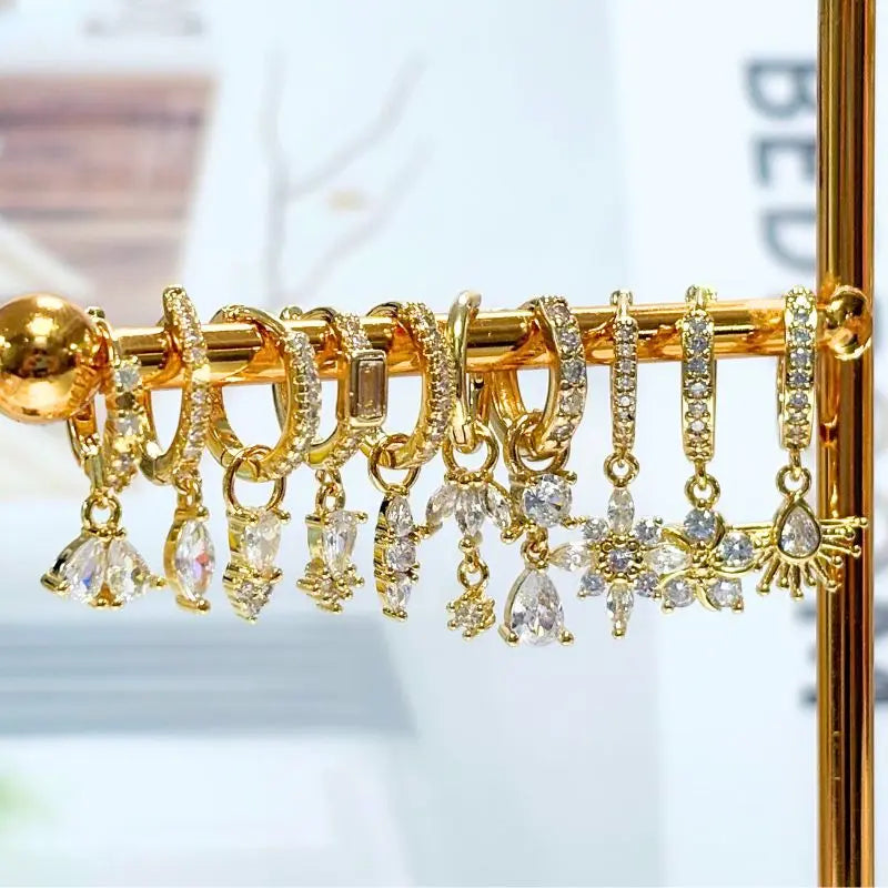 WOMEN 925 Silver Needle Water Drop Geometric Zircon White Zircon Crystal Flowers Pendant Hoop Earrings Fashion Wedding Jewelry