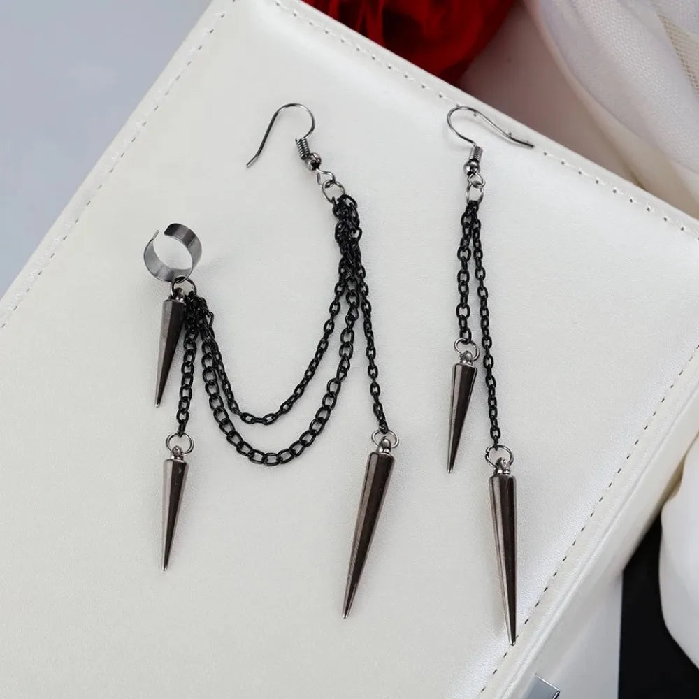 New Fashion Creative Trend Men's Retro Black Tassel Long Chain Punk Earrings Hip Hop Rivets Earrings Female Gothic Party Jewelry