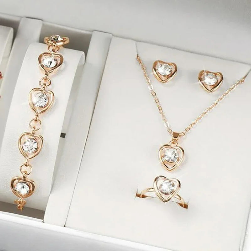 Gold Heart Shaped Jewelry Set – 5-Piece Rhinestone Double Heart Ring, Earrings & Necklace for Women