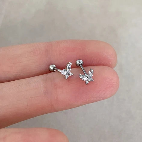 PONYKISS Silver Color Zircon Butterfly Bead Stud Earrings for Women Cute Fashion Jewelry Insect Accessories