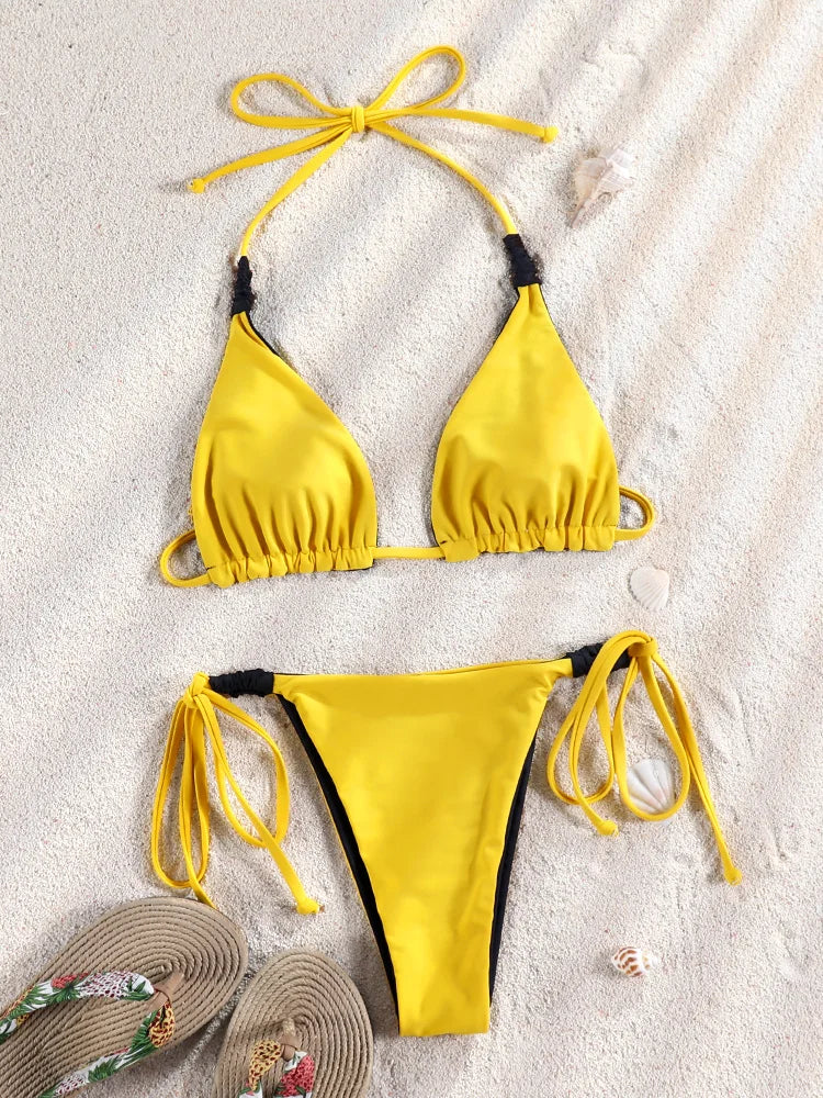 Two Side Triangle Bikini Set Women, Yellow Beachwear, Extreme Swimwear, 2025 Swimsuit, Reversible Thong Biquini, Two Piece Suits