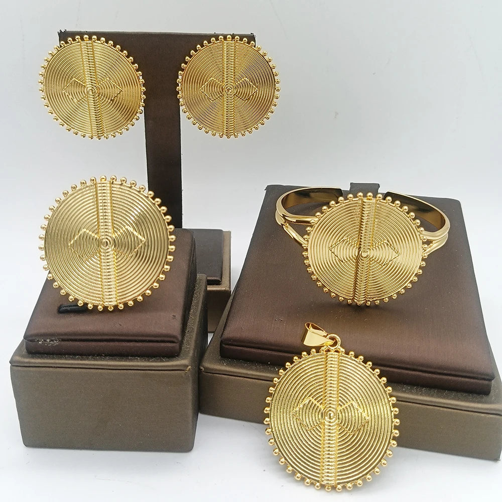 African Map Bridal Jewelry Set – 4-Set Luxury Gold Pendant Earrings, Bangles & Ring for Weddings