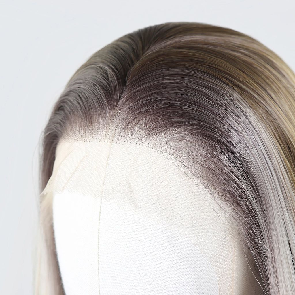 Ombre Blonde Highlight Short Bob Wigs Dark Roots Synthetic 13x4 Lace Front Brown Blonde Wig For Women Daily Use 150Density 12"