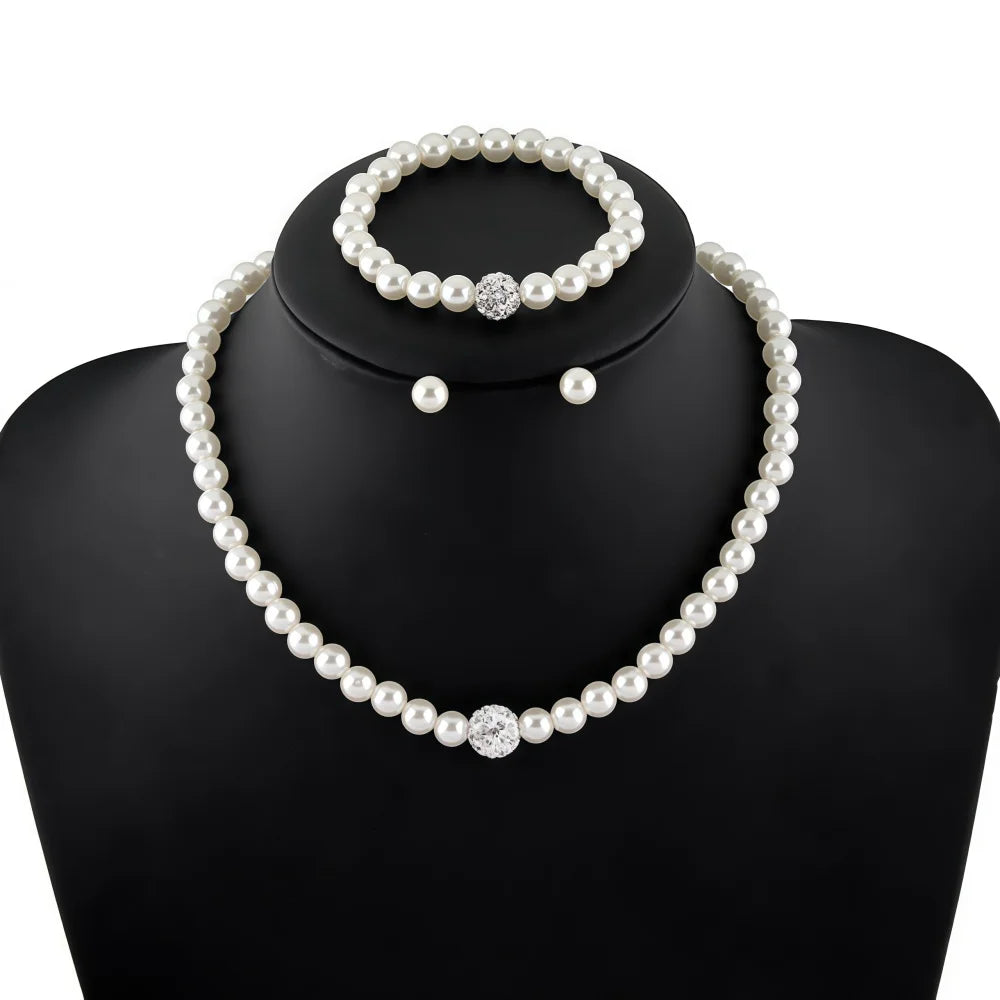 3 PCS Imitation Pearl Fireball Necklace Bracelet Earring Stud Jewelry Set Silver Color Crystal Stone Elegant Bridal Jewelry Gift