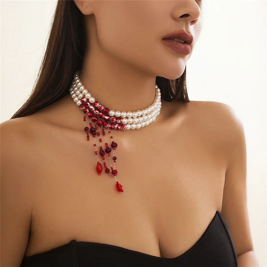 Multilayer Vintage Red Blood Pattern Imitation Pearl Tassel Pendant Necklace for Women Goth Crystal Bead Chain Halloween Jewelry