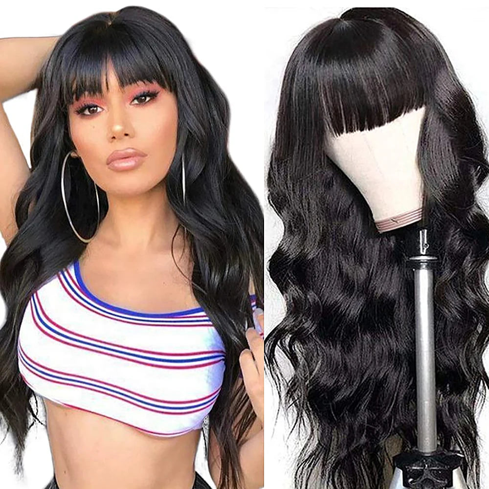 Body Wave Wigs with Bangs 3x1 Middle Part Lace Wig Human Hair Pre Plucked Body Wave Real Human Wigs with Bangs for Women 34 Inch