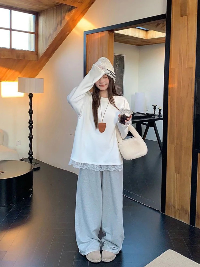 Chic Lace Patchwork Long Sleeve T Shirt Women Loose Warm White O Neck Tops Korean Fashion Office Ladies Casual V Neck Tees New