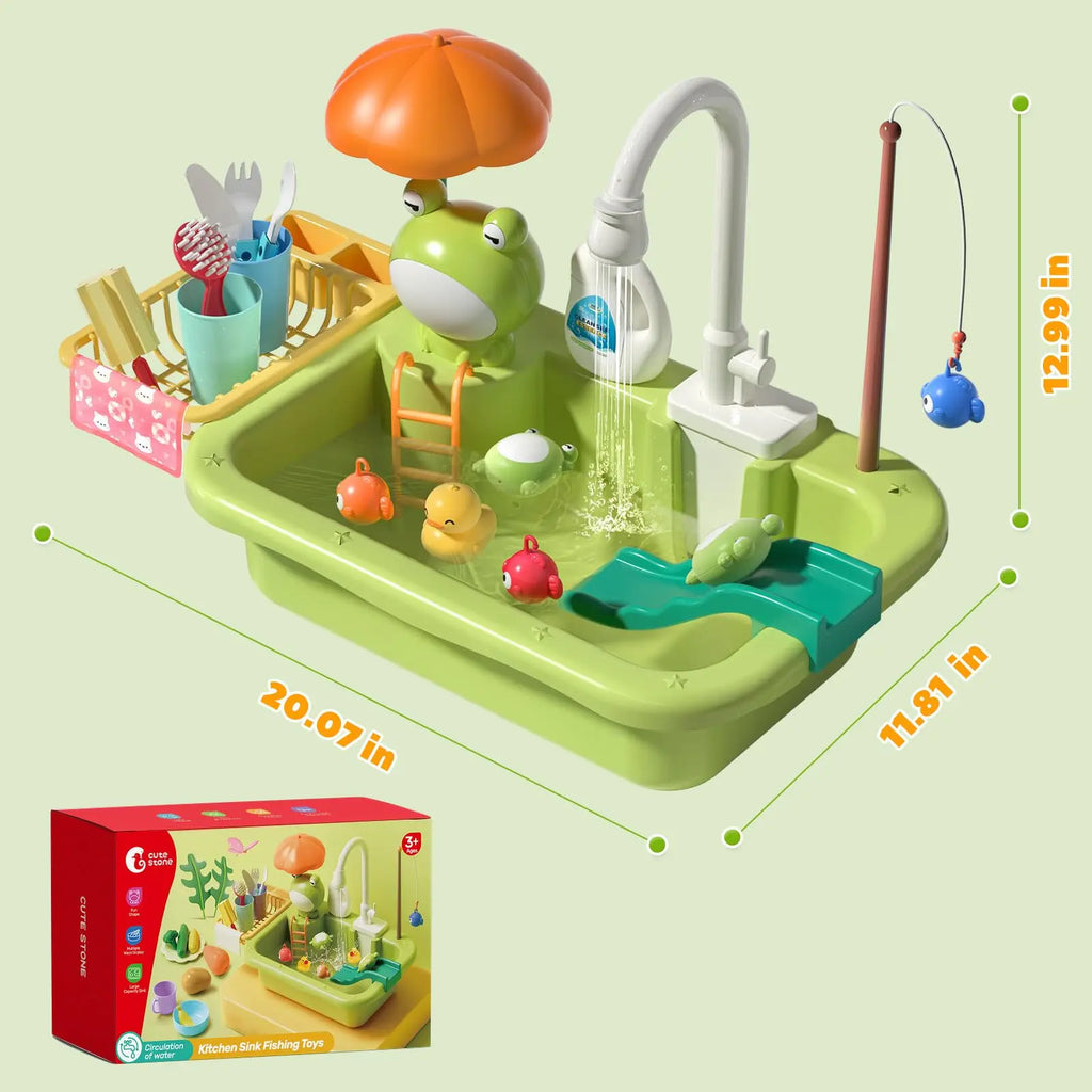 Kids Electric Kitchen Sink Toy – Pretend Play Dishwasher with Running Water & Fishing Game for Girls