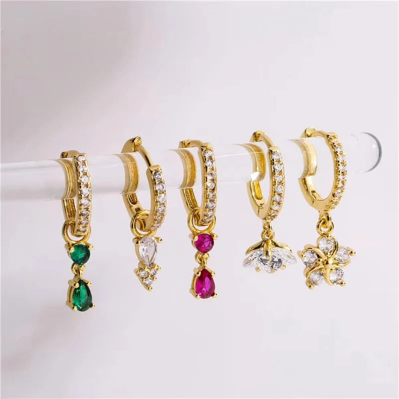 WOMEN 925 Silver Needle Water Drop Geometric Zircon White Zircon Crystal Flowers Pendant Hoop Earrings Fashion Wedding Jewelry