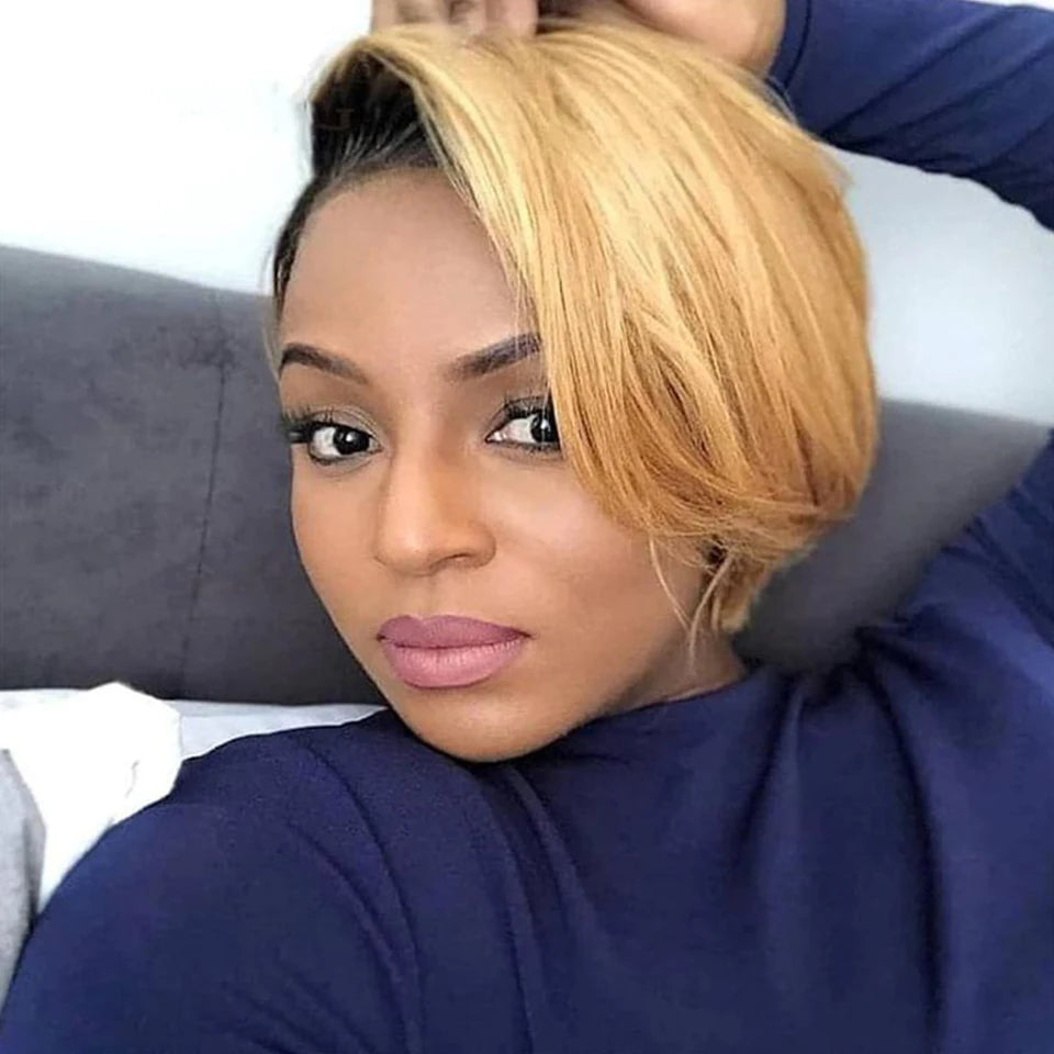 Sleek Glueless HD Lace Wigs Short Pixie Bob T Part Lace Front Human Hair Wigs For Women Peruvian Remy Hair Ombre Blonde 613 Wig