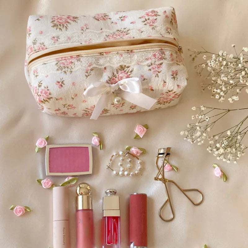 Women Lace Bow Cosmetic Bag Large Capacity Makeup Organizer Travel Toiletry Bag Storage Bag Zipper Ruffles Pencil Case