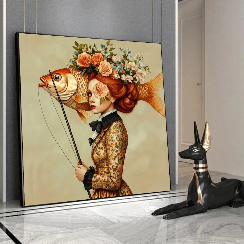 Surrealism Fish Woman Portrait Poster Prints For Living Room Home Decor Abstract Underwater Magic Girl Canvas Painting Wall Art