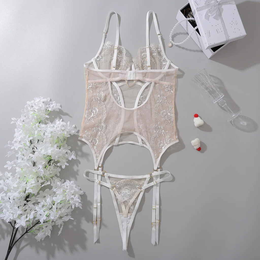 Embroidered Floral Lace Bodysuit Lingerie Set – Sexy Bra & Brief Underwear