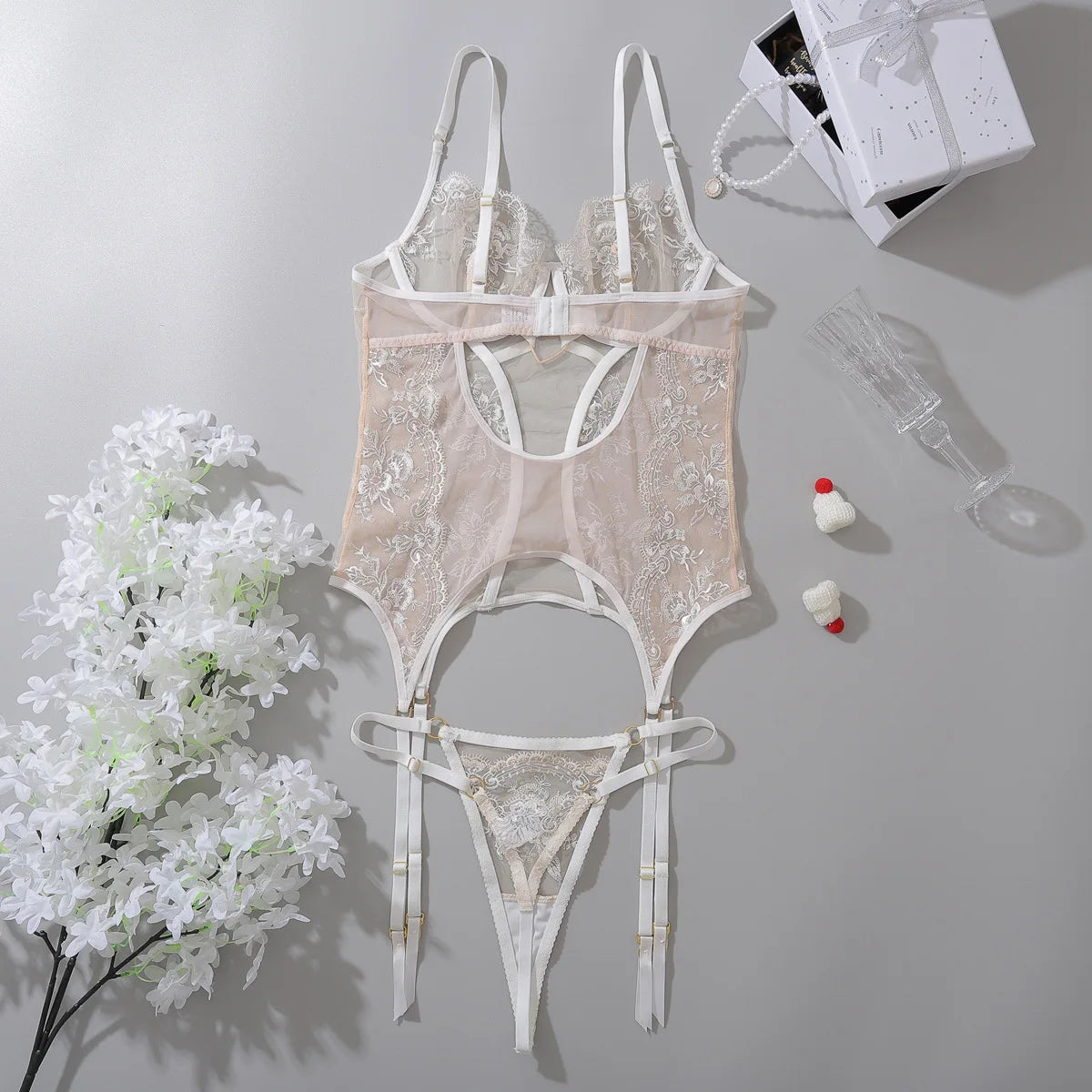 Embroidered Floral Lace Bodysuit Lingerie Set – Sexy Bra & Brief Underwear