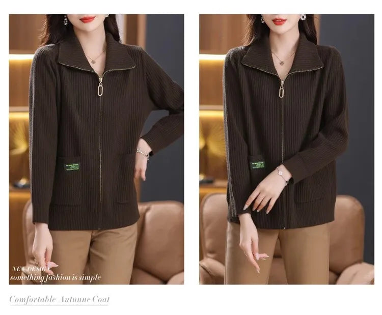 Knitted Cardigan Jacket Women Sweater New Autumn Winter Lapel Zipper Sweater Jacket Loose Solid Outerwear Female Sweatshirt Tops