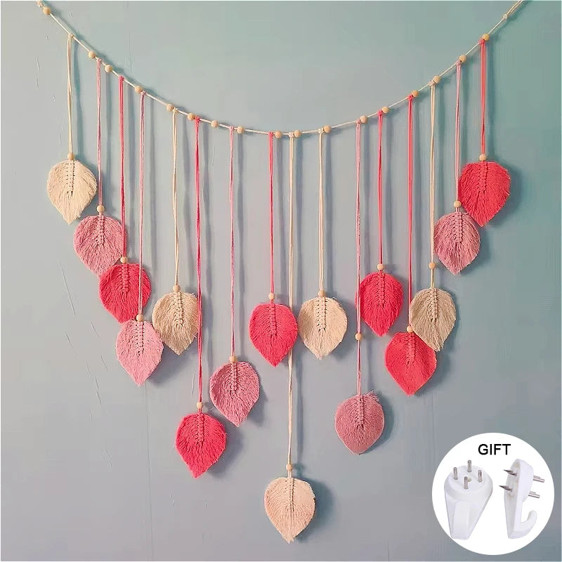 Boho Macrame Leaf & Feather Wall Hanging | Handmade Tapestry Wall Art | Living Room Bedroom Boho Home Decor