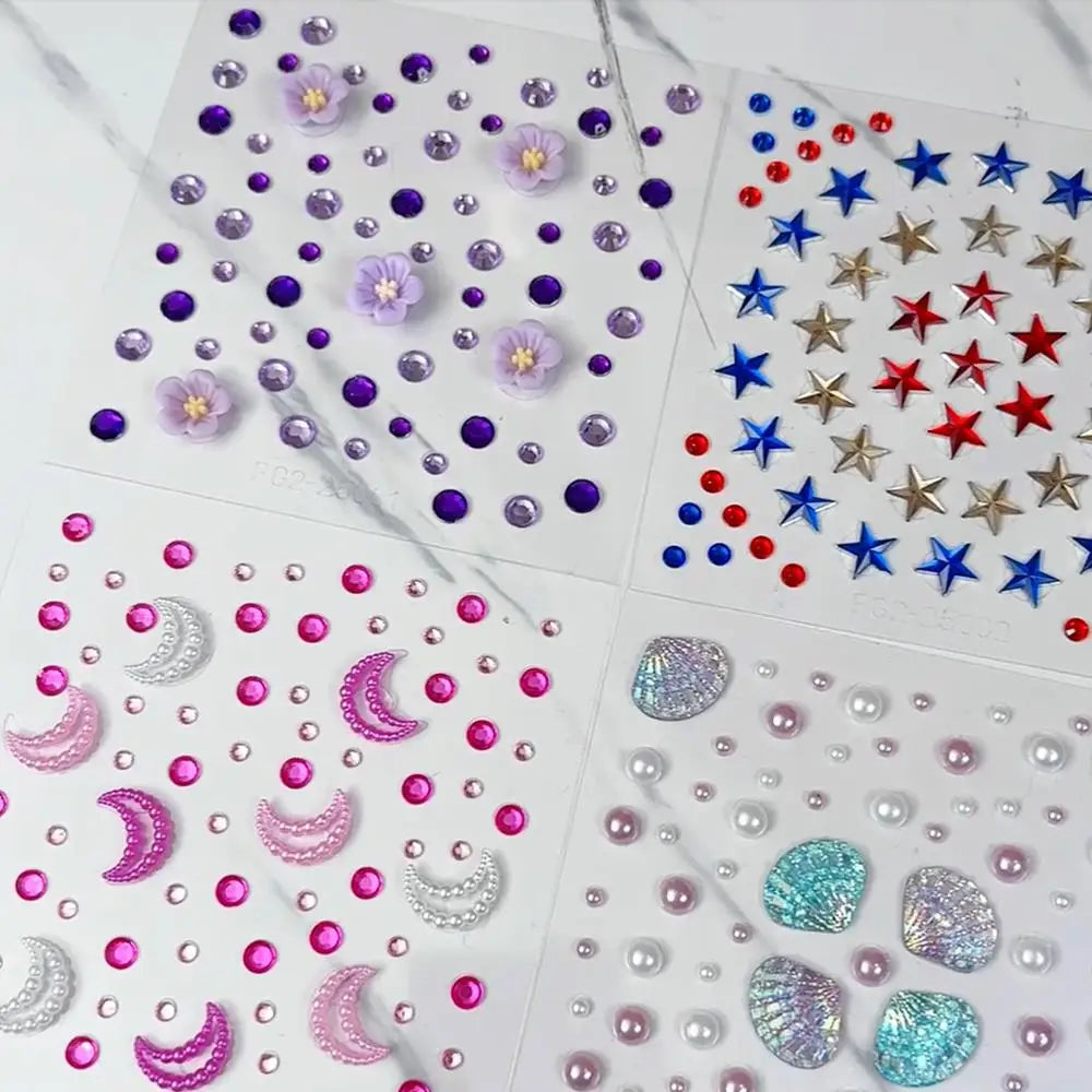 1Sheet 3D Dreamy Shell Pearl Gems Face Stickers Sparkling Mermaid Diamond Temporary Tattoos DIY Body Art Stage Makeup Rhinestone