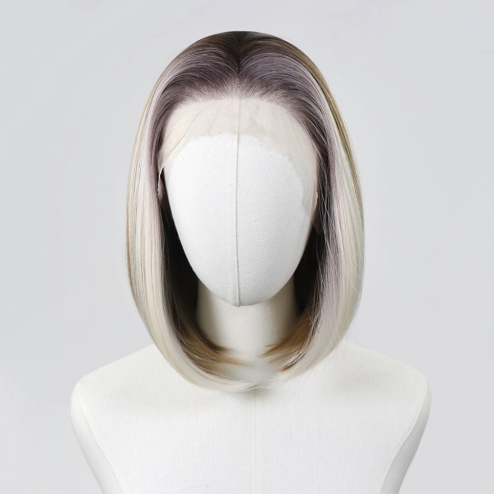Ombre Blonde Highlight Short Bob Wigs Dark Roots Synthetic 13x4 Lace Front Brown Blonde Wig For Women Daily Use 150Density 12"