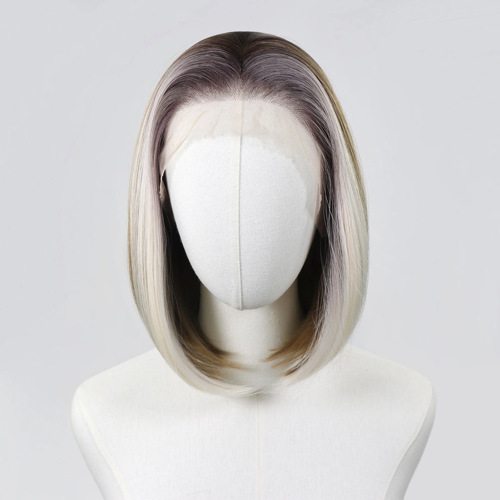 Ombre Blonde Highlight Short Bob Wigs Dark Roots Synthetic 13x4 Lace Front Brown Blonde Wig For Women Daily Use 150Density 12"