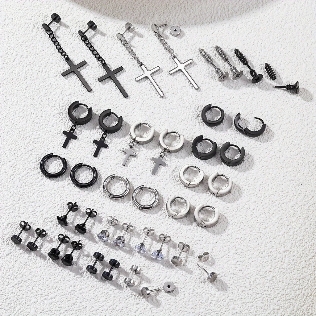 Simple Stainless Steel Zircon Stud Earrings For Men, Cross Pendant Hoop Earrings For Daily Wear