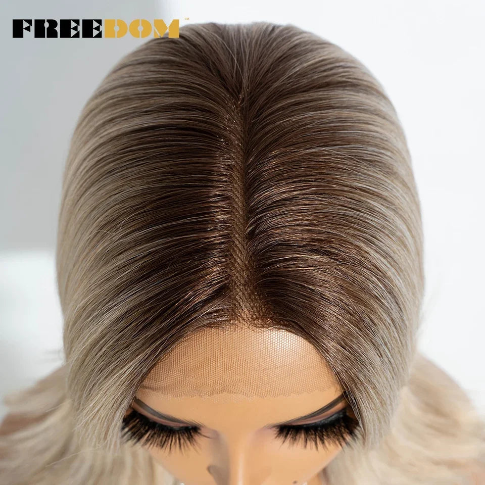FREEDOM Straight Synthetic Lace Front Wigs For Black Women Ombre Blonde Brown Lace Wig 20 Inch Wig With Bangs Cosplay Lace Wig