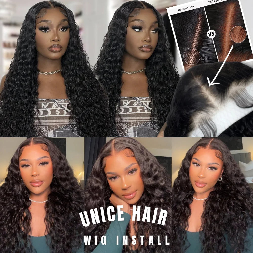 UNice 7x5 & 13x4 Lace Water Wave Human Hair Wig With Drawstring & Baby Hair Pre Cut Pre Bleached Glueless Wig