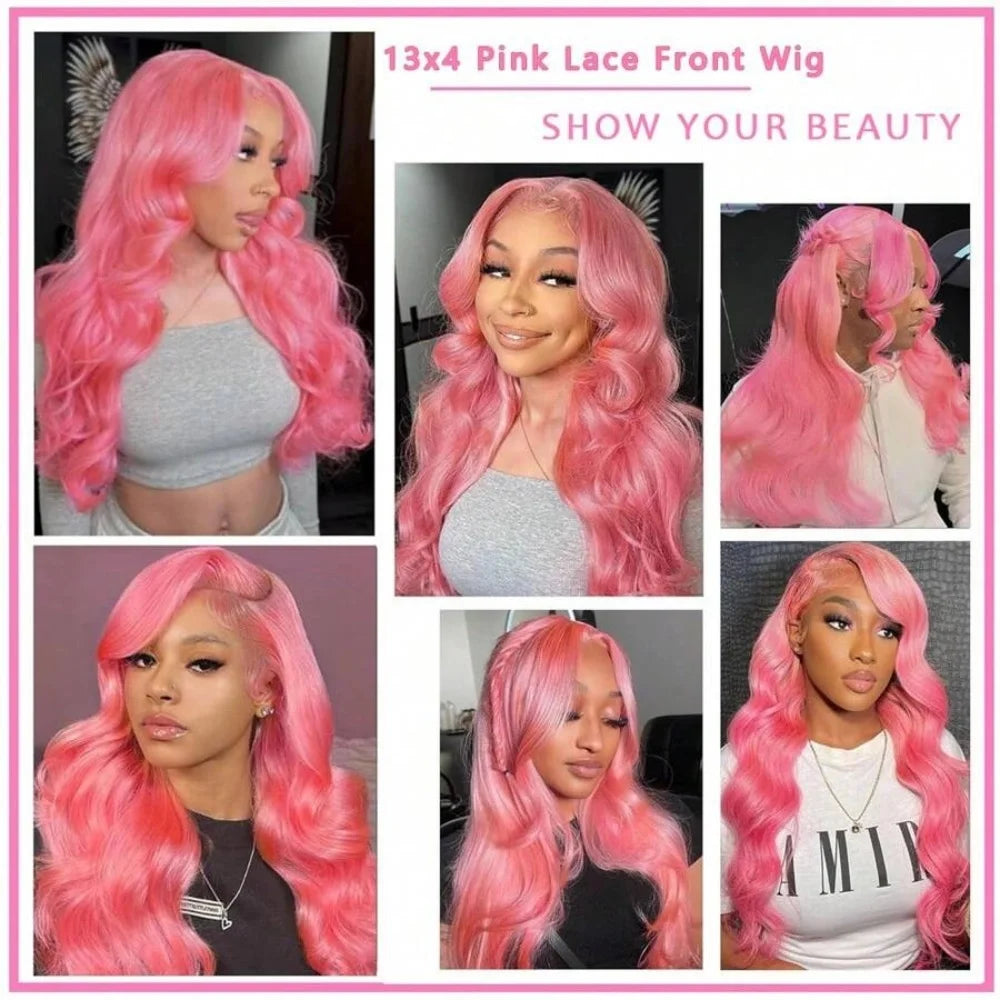 13x6 Pink Body Wave Lace Front Wigs For Women Long Wavy Hair Wig Soft Lace Wig With Natural Hairline Human Hair Party Cosplay