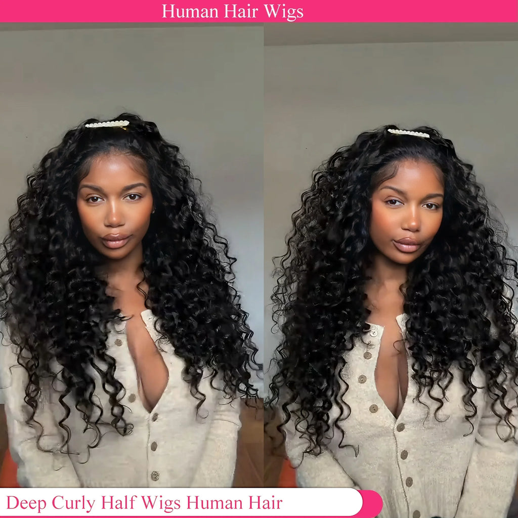 Water Wave 3 IN 1 Half Wig Human Hair Glueless Wig Human Hair Ready to Wear 36Inch Half Wig Drawstring Glueless Wig Human Hair