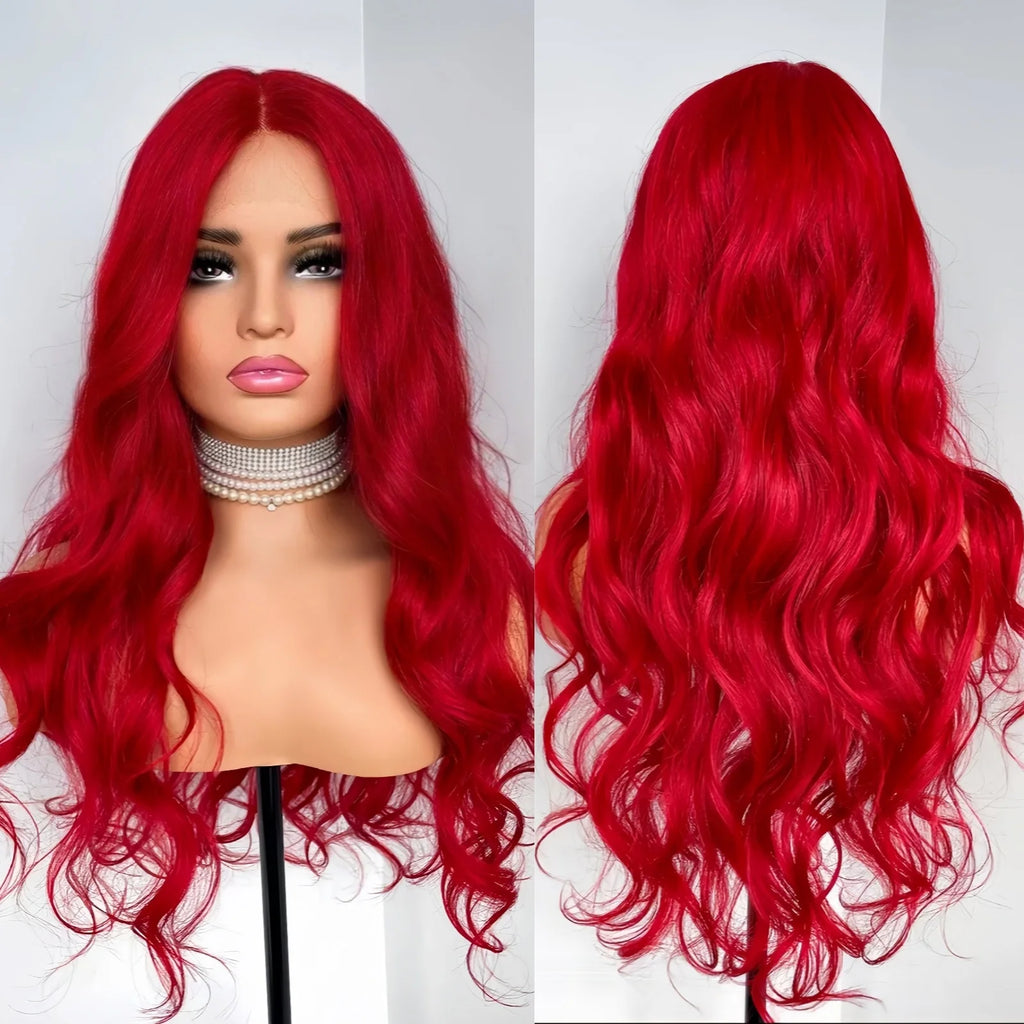 Red Wigs Long Wavy Wig for Women Synthetic Middle Part Natural Curly Body Wave Heat Resistant Fiber Wig for Daily Party Cosplay