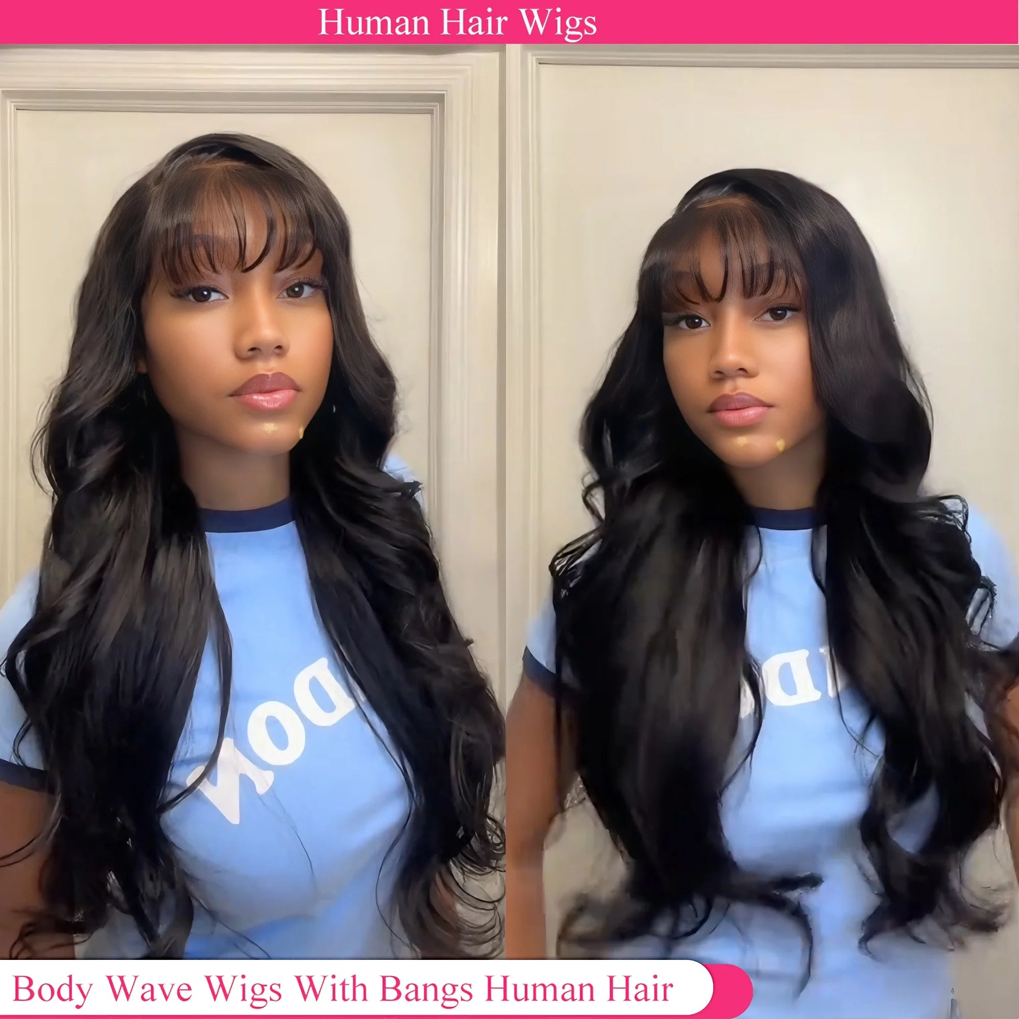 Human Hair Wigs with Bangs 36 Inches Full Machine Made Hair Glueless Wig With Drawstring Body Wave Glueless Wig Human Hair