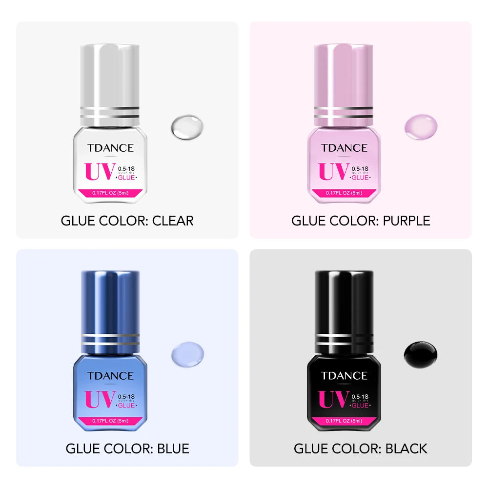 TDANCE UV Glue Supplies 0.5S-1S Quick Drying Clear Black Purple Blue Color UV Adhesive Makeup Tool Strongest Fastest Glue