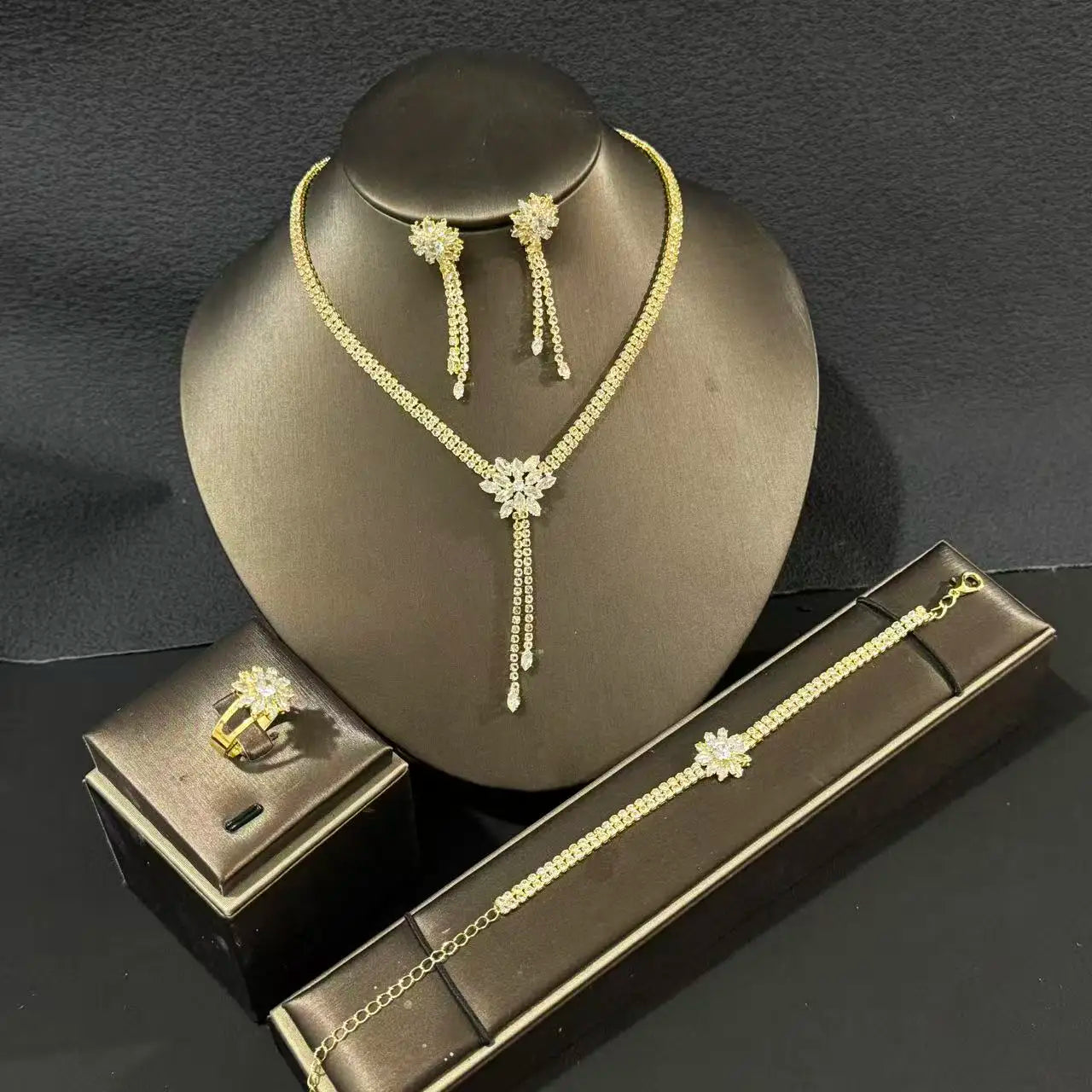 European & American 5-Piece Wedding Jewelry Set – Necklace, Earrings, Bracelet & Ring
