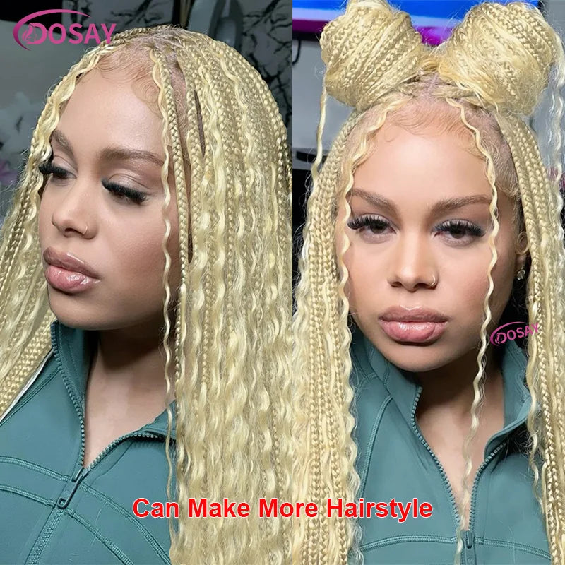Blonde 613 Full Lace Front Synthetic Braided Wigs Boho Box Braids Wig 32'' Square Knotless Braided Wig With Curly Ends For Woman