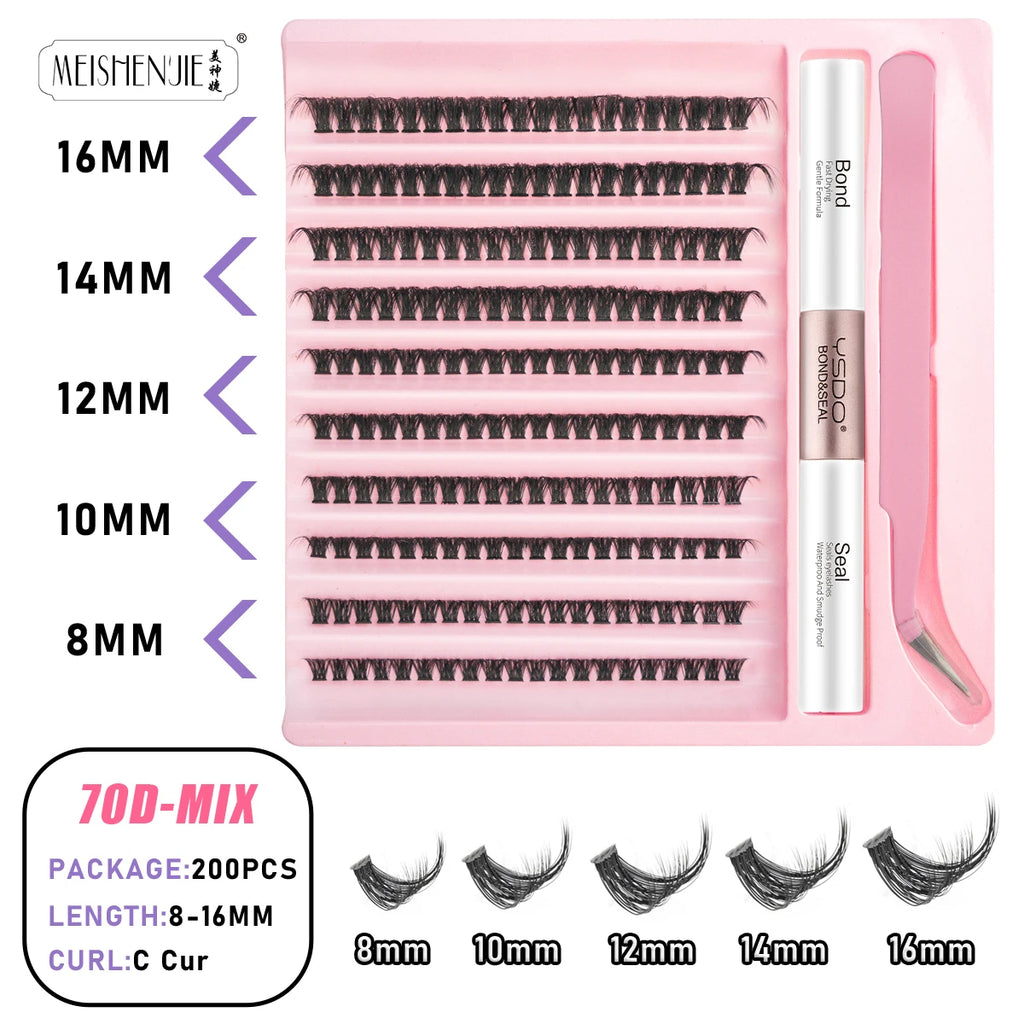 New 10Rows Individual Lashes Kit Natural Long DIY Cluster Eyelashes with Lash Bond and Seal Extension Kit Makeup Tools Faux Cils