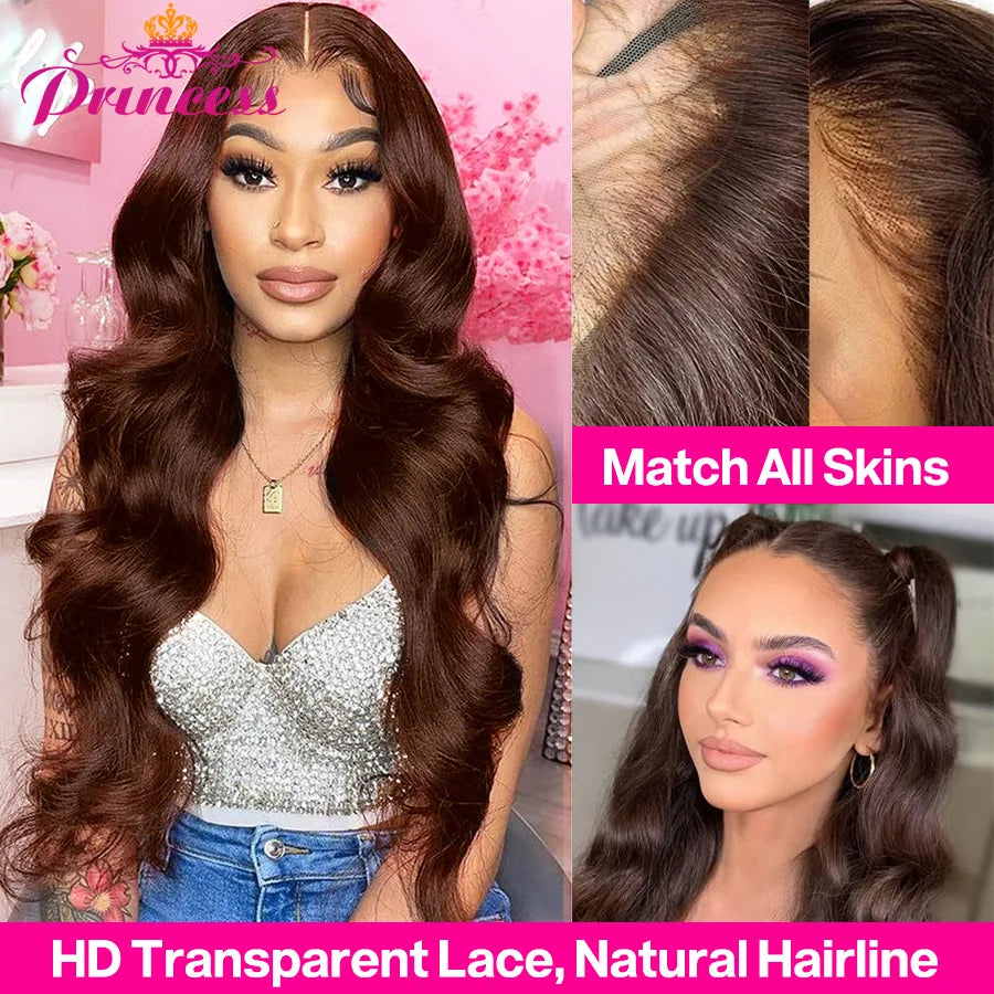 Princess Cholocate Brown Colored Human Hair Wigs 13x4/13x6 Brazilian Body Wave Lace Front Wig Pre Plucked HD Lace Frontal Wig