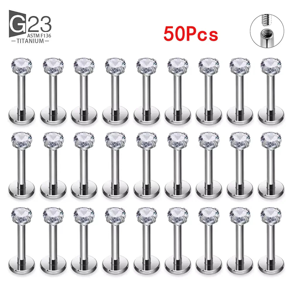 10Pc/50Pc G23 Ttianium Labret Ear Lip Stud Jewelry Square CZ Stone Cartilage Tragus Earring Tongue studs Threaded Body Jewelry