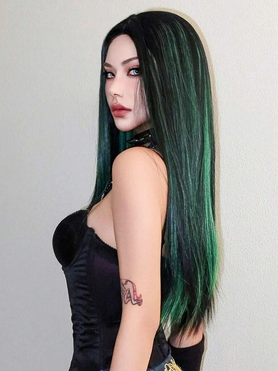 EASIHAIR Black With Green Cosplay Synthetic Wigs for Women Long Straight Middle Part Wig Natural Hair Party Daily Heat Resistant