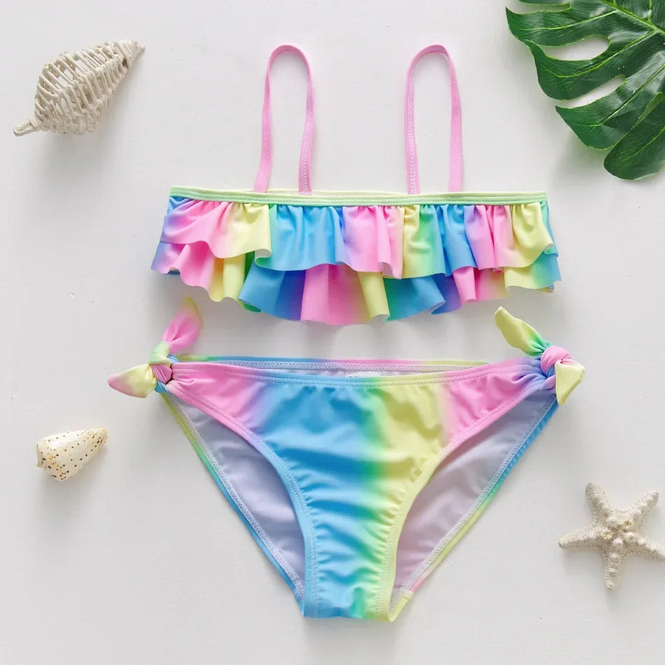 Kids Rainbow Bikini Set – Girls Two-Piece Flounce Swimsuit (Ages 2–10)
