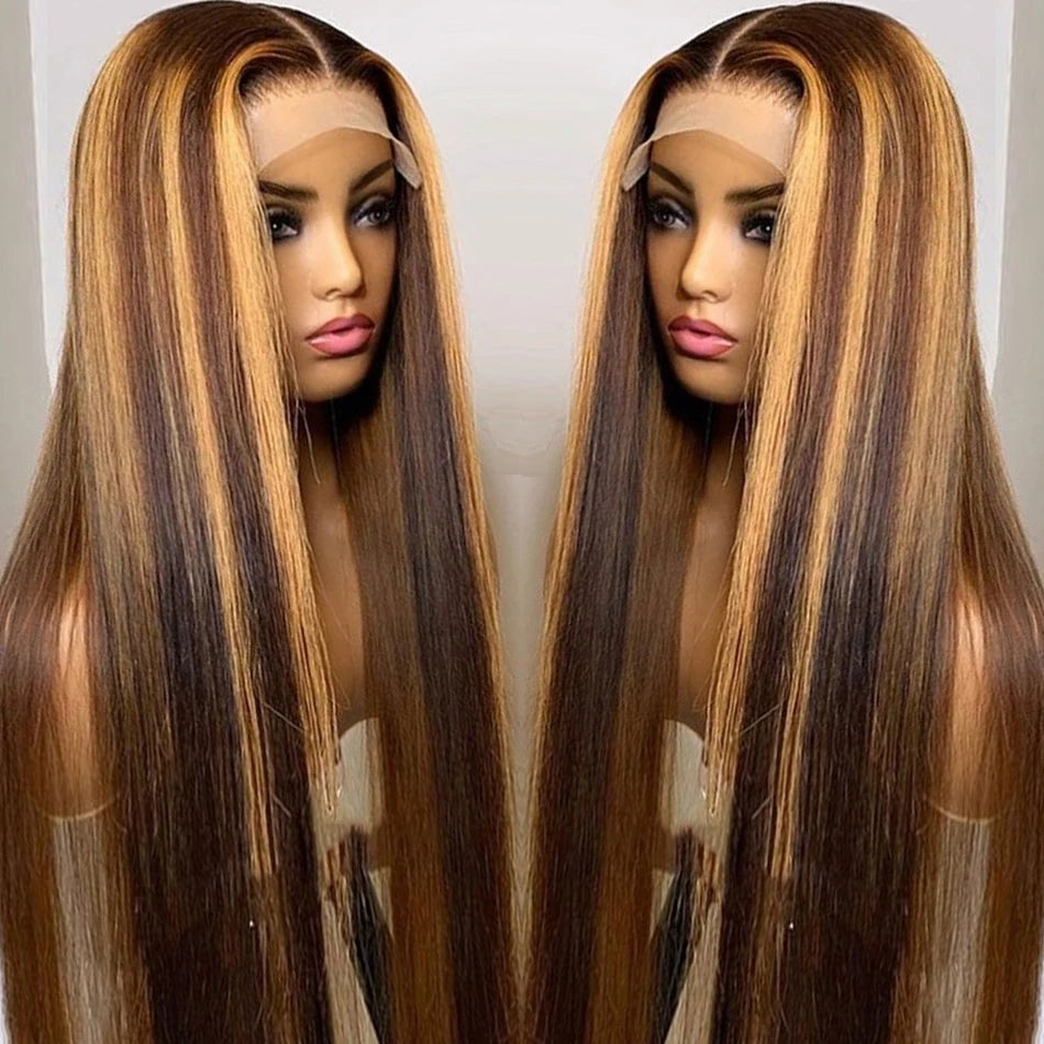 Highlight Colored Straight Lace Front Human Hair Wigs Honey Blonde 13X4 13x6 HD Transparent Lace Frontal Wigs For Black Women